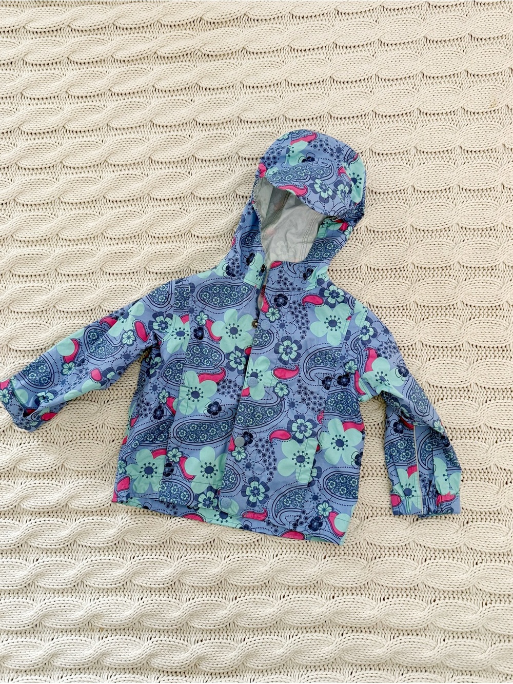 REI Kids Floral Paisley Hooded Rain Jacket - Blue, Mint & Pink Accents